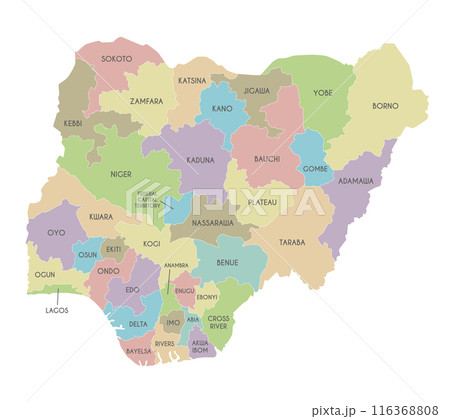 Vector regional map of Nigeria with states and administrative divisions. Editable and clearly labeled layers. 116368808