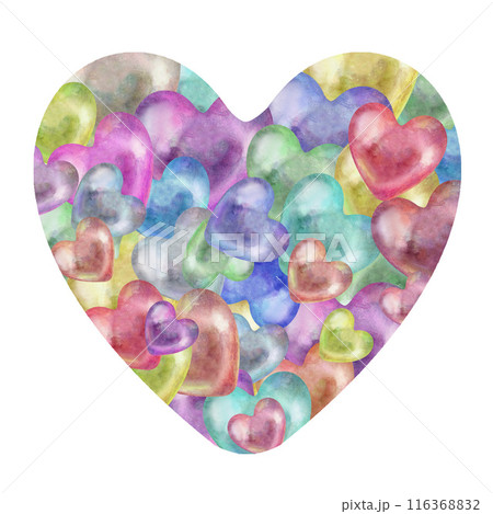 Transparent multicolor rainbow pearl hearts. Watercolor illustration for template for Valentine's Day, wedding, love interior decor, phone wallpaper, candy and gum, in cooking, alcohol, alchemy, magic Transparent multicolor rainbow pearl hearts. Watercolor illustration for template for Valentine's Day, wedding, love interior decor, phone wallpaper, candy and gum, in cooking, alcohol, alchemy, magic 116368832