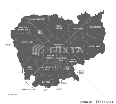 Vector regional map of Cambodia with provinces and administrative divisions. Editable and clearly labeled layers. 116368834