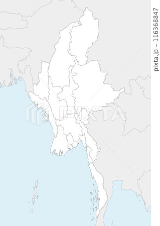 Vector blank map of Myanmar with regions, states and administrative divisions, and neighbouring countries and territories. Editable and clearly labeled layers. 116368847