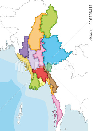 Vector illustrated blank map of Myanmar with regions, states and administrative divisions, and neighbouring countries and territories. Editable and clearly labeled layers. 116368853