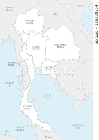Vector map of Thailand with regions and administrative divisions, and neighbouring countries and territories. Editable and clearly labeled layers. 116368854