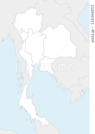 Vector blank map of Thailand with regions and administrative divisions, and neighbouring countries and territories. Editable and clearly labeled layers. 116368855