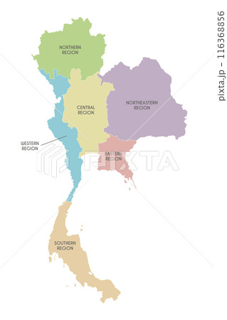 Vector map of Thailand with regions or territories and administrative divisions. Editable and clearly labeled layers. Vector map of Thailand with regions or territories and administrative divisions. Editable and clearly labeled layers. 116368856
