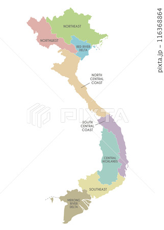 Vector map of Vietnam with regions or territories and administrative divisions. Editable and clearly labeled layers. Vector map of Vietnam with regions or territories and administrative divisions. Editable and clearly labeled layers. 116368864