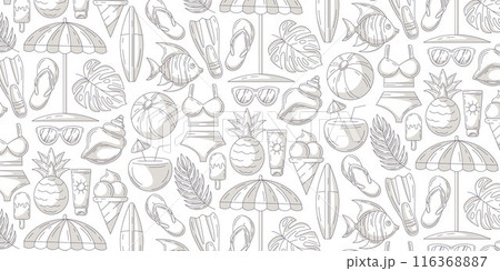 Minimalist monochrome gray seamless summer pattern, beach elements. Swimsuit, flip flops, flippers, fish, surfboard, umbrella, coconut cocktail, pineapple. For cover, wrapping paper, textile print 116368887