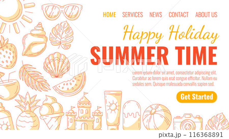 Summer beach elements and accessories, monochrome orange style. Sun, seashell, watermelon, sand castle, camera, pineapple, coconut cocktail. Landing page vector template for website, online, banner 116368891