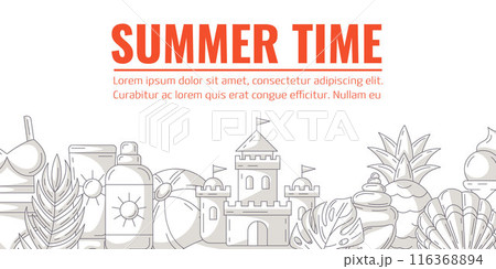 Summer monochrome gray minimalist horizontal banner, beach accessories elements. Bottom border frame, copy space. Holiday and vacation. For poster, flyer, card, invitation, social media, postcard 116368894