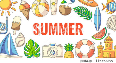 Summer colorful horizontal banner, beach accessories icons. Border frame, copy space, isolated on white. Summertime, holiday and vacation. For poster, flyer, card, invitation, social media, postcard 116368899