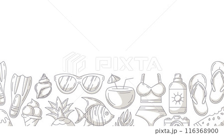 Summer minimalist horizontal banner with beach accessories, gray monochrome icons. Bottom border of frame, copy space, isolated on white. For poster, flyer, card, invitation, social media, cover 116368900
