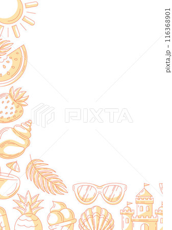 Summer vertical a4 poster, minimalist monochrome orange beach elements, accessories icons. Corner border frame, copy space, isolated on white. For card, banner, invitation, social media, planner Summer vertical a4 poster, minimalist monochrome orange beach elements, accessories icons. Corner border frame, copy space, isolated on white. For card, banner, invitation, social media, planner 116368901