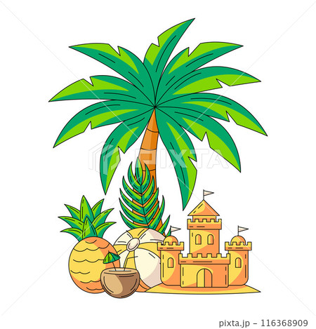 Composition with summer beach elements and accessories under the palm tree. Inflatable ball, sand castle, coconut cocktail, pineapple. Flat vector illustration for sticker, scrapbook, social media. Composition with summer beach elements and accessories under the palm tree. Inflatable ball, sand castle, coconut cocktail, pineapple. Flat vector illustration for sticker, scrapbook, social media. 116368909
