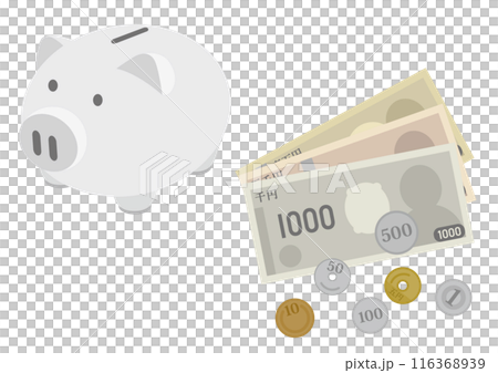 お金と貯金箱のイラスト_貯金箱白_24年の新札版	 116368939