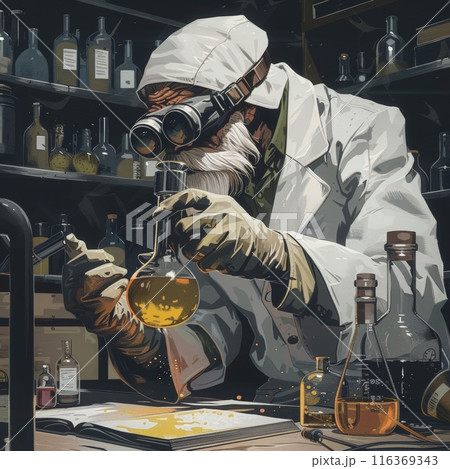 Scientist conducts dangerous chemical experiment in his laboratory Scientist conducts dangerous chemical experiment in his laboratory 116369343