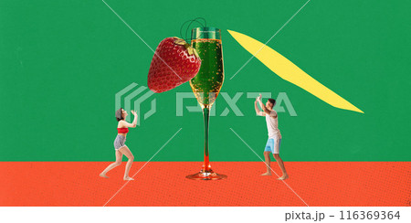 Young man and woman playing beach volleyball with strawberry instead of ball over champagne glass, green red background. Contemporary art collage. 116369364
