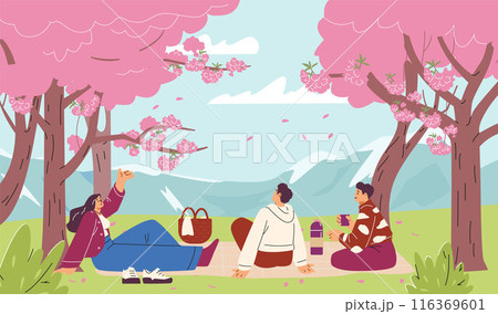 Vector illustration of people enjoying a picnic under the cherry trees. Vector illustration of people enjoying a picnic under the cherry trees. 116369601