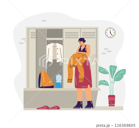 Young woman dressing in sports locker changing room vector illustration, athlete changing clothes after training in gym 116369605