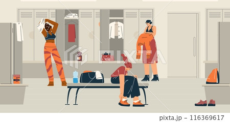 Young women dressing in sports locker changing room vector illustration, athletes changing clothes after training in gym Young women dressing in sports locker changing room vector illustration, athletes changing clothes after training in gym 116369617
