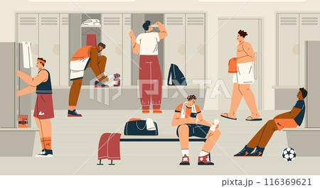 Vector scene in a sports locker room where football players dress up, undress and wash after training 116369621