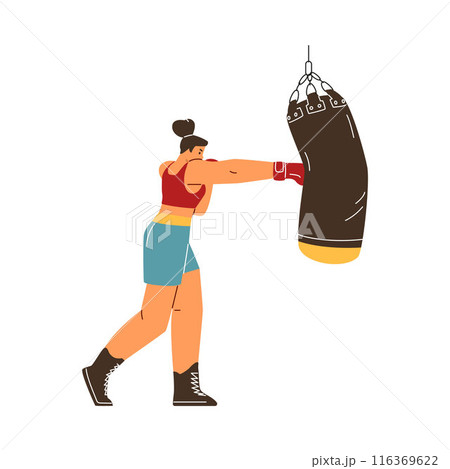 Strong professional woman boxer fighter exercising, hitting a punching bag, martial sport training wrestling flat vector 116369622