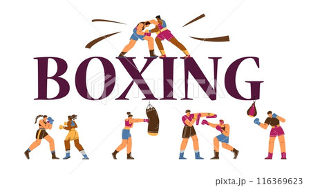 Vector poster male and female boxers with sports gloves are hitting each other and a punching bag 116369623