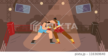 Boxers men boxing on the ring with spotlights and spectators, martial sport game competition wrestling match flat vector 116369640