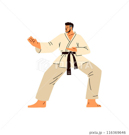 Karate man fighter in kimono and black belt flat vector, Asian martial art training practice Japanese wrestler in action Karate man fighter in kimono and black belt flat vector, Asian martial art training practice Japanese wrestler in action 116369646