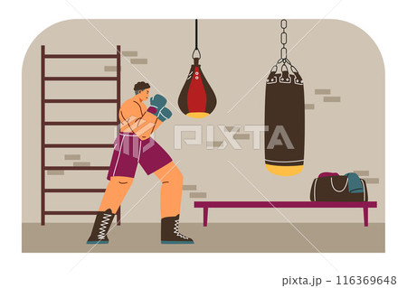 Strong professional man boxer fighter exercising, hitting a punching bag in gym, martial art sport training vector 116369648