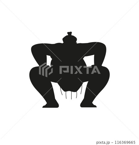 Sumo wrestler standing in crouch stance vector black silhouette, fighting Japanese traditional martial art, combat sport 116369665