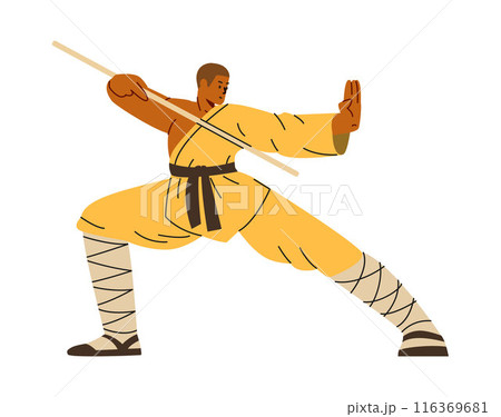 Vector illustration with a young Buddhist monk, a man reflecting the fighting pose of masters 116369681