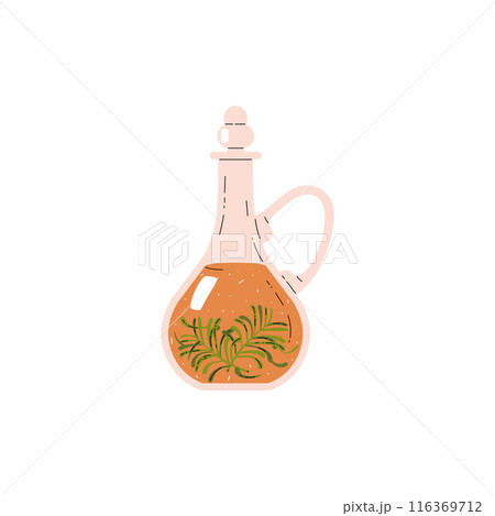 Herbal cider vinegar in glass jug with plant, vector flavor organic acid in pitcher with handle, sour cooking ingredient 116369712