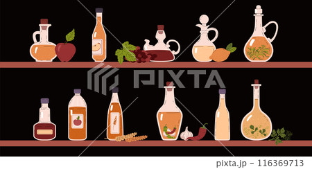 A set of vector vinegar bottles on the shelves with images of apples, grapes, lemon A set of vector vinegar bottles on the shelves with images of apples, grapes, lemon 116369713