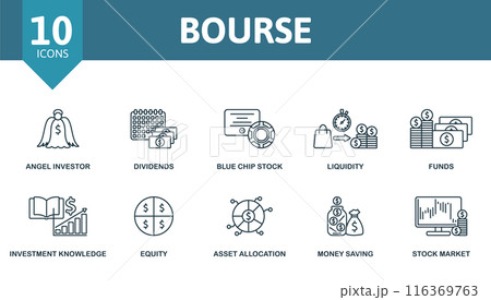 Bourse outline icons set. Creative icons: angel investor, dividends, blue chip stock, liquidity, funds, investment knowledge, equity, asset allocation, money saving, stock market. 116369763