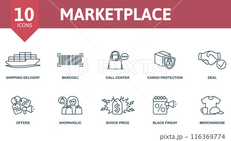 Marketplace outline icons set. Creative icons: shipping delivery, barcode, call center, cargo protection, deal, offers, shopaholic, shock price, black friday, merchandise. 116369774