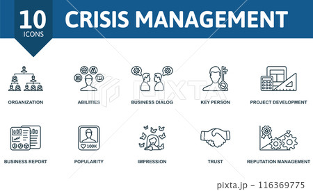 Crisis management outline icons set. Creative icons: organization, abilities, business dialog, key person, project development, business report, popularity, impression, trust, reputation management. 116369775
