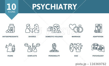 Psychiatry outline icons set. Creative icons: antidepressants, divorce, domestic violence, marriage, adaptation, fears, conflicts, personality, ego, psychology. 116369782