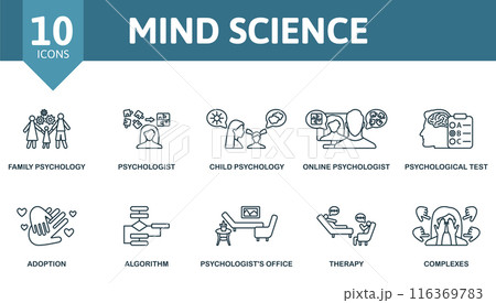 Mind science outline icons set. Creative icons: family psychology, psychologist, child psychology, online psychology, psychological test, adoption, algorithm, psychologist's office, therapy, complexes Mind science outline icons set. Creative icons: family psychology, psychologist, child psychology, online psychology, psychological test, adoption, algorithm, psychologist's office, therapy, complexes 116369783