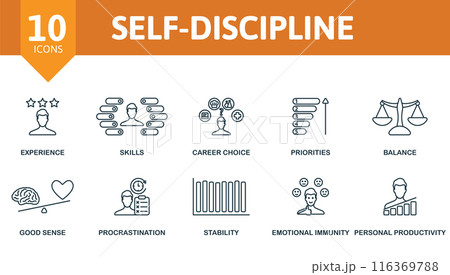 Self-discipline outline icons set. Creative icons: experience, skills, career choice, priorities, balance, good sense, procrastination, stability, emotional immunity, personal productivity. 116369788