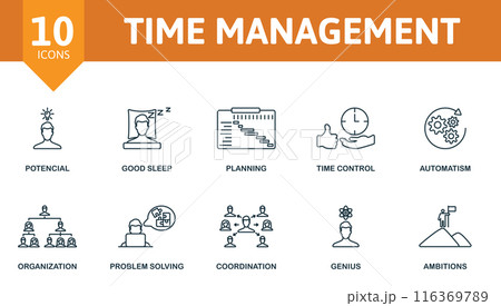 Time management outline icons set. Creative icons: potential, good sleep, planning, time control, automatism, organization, problem solving, coordination, genius, ambitions. 116369789