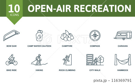 Open-air recreation outline icons set. Creative icons: bow saw, camp water canteen, campfire, compass, caravan, bike ride, hiking, rock climbing, city walk, hammock. Open-air recreation outline icons set. Creative icons: bow saw, camp water canteen, campfire, compass, caravan, bike ride, hiking, rock climbing, city walk, hammock. 116369791