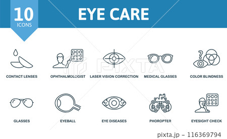 Eye care outline icons set. Creative icons: contact lenses, ophthalmologist, laser vision correction, medical glasses, color blindness, glasses, eyeball, eye diseases, phoropter, eyesight check. 116369794