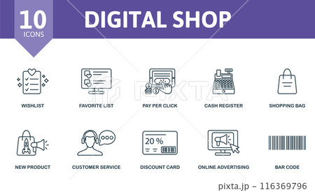 Digital shop outline icons set. Creative icons: wishlist, favorite list, pay per click, cash register, shopping bag, new product, customer service, discount card, online advertising, bar code. Digital shop outline icons set. Creative icons: wishlist, favorite list, pay per click, cash register, shopping bag, new product, customer service, discount card, online advertising, bar code. 116369796