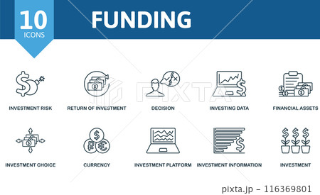 Funding outline icons set. Creative icons: investment risk, return of investment, decision, investing data, financial assets and more 116369801