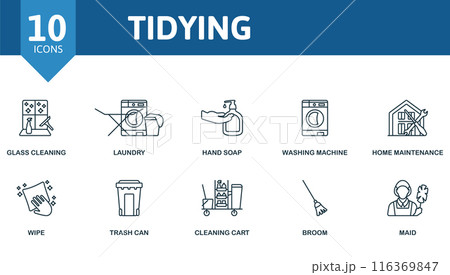 Tidying outline icons set. Creative icons: glass cleaning, laundry, hand soap, washing machine, home maintenance, wipe, trash can, cleaning cart, broom, maid. 116369847