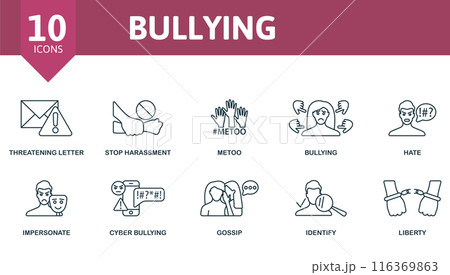 Bullying outline icons set. Creative icons: threatening letter, stop harassment, metoo, bullying, hate, impersonate, cyber bullying, gossip, identify, liberty. Bullying outline icons set. Creative icons: threatening letter, stop harassment, metoo, bullying, hate, impersonate, cyber bullying, gossip, identify, liberty. 116369863