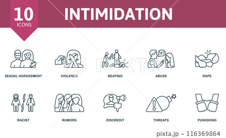 Intimidation icons outline set. Creative icons: sexual harassment, violence, beating, abuse, rape, racist, rumors, discredit, threats, punishing. 116369864