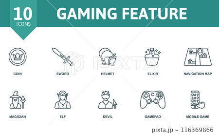 Gaming feature outline icons set. Coin, sword, helmet, elixir, magician, elf, devil, gamepad, mobile gaming. 116369866
