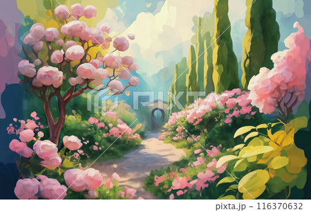Serene garden scene on a vibrant pink floral background. Where delicate blossoms sway in the breeze, creating a symphony of colors and fragrances. 116370632