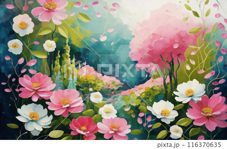 Serene garden scene on a vibrant pink floral background. Where delicate blossoms sway in the breeze, creating a symphony of colors and fragrances. 116370635