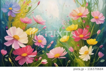 Serene garden scene on a vibrant pink floral background. Where delicate blossoms sway in the breeze, creating a symphony of colors and fragrances. Serene garden scene on a vibrant pink floral background. Where delicate blossoms sway in the breeze, creating a symphony of colors and fragrances. 116370684